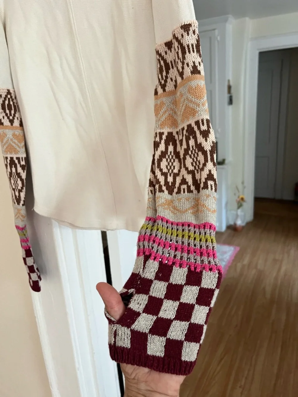 Free People Cream Knit Top with Patterned Colorblock Sleeves
